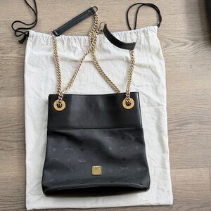 MCM Black Leather Logo Chain-Handle Shoulder Bag with Gold Hardware
